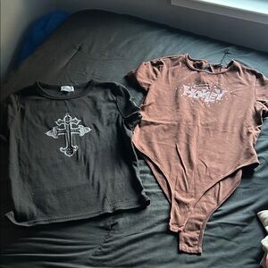 Black Cross Graphic Tee and Brown Honey Bodysuit